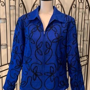 100% silk blue zipper front embroidered jacket